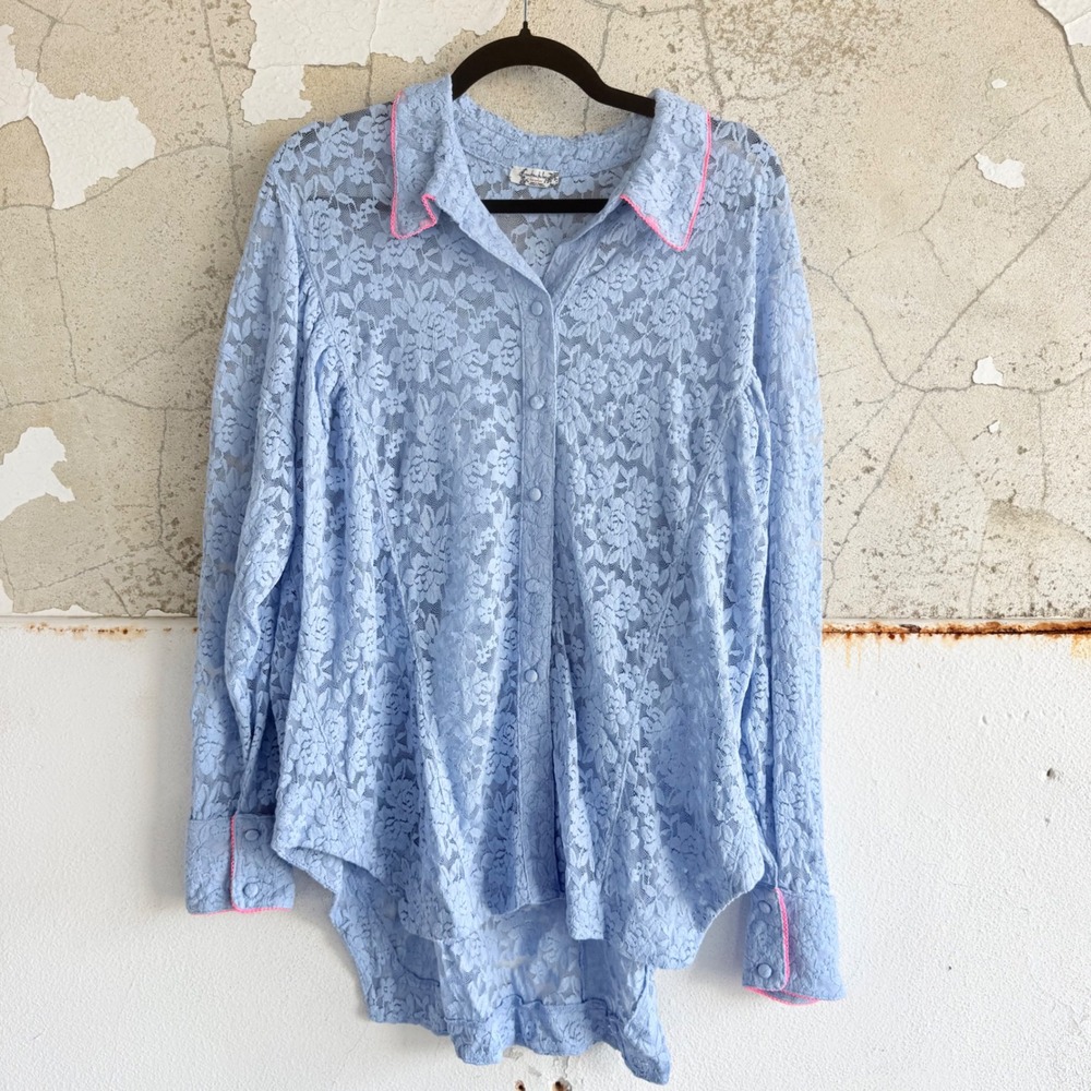Free People Lace Button Down Shirt Sheer Floral High Low Blouse Intimately M